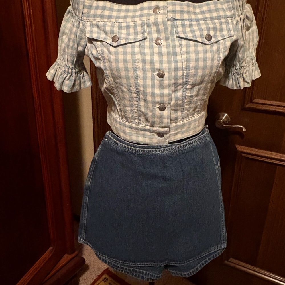 Blue Gingham Off-Shoulder Crop Top -top only. Skort listed separately.